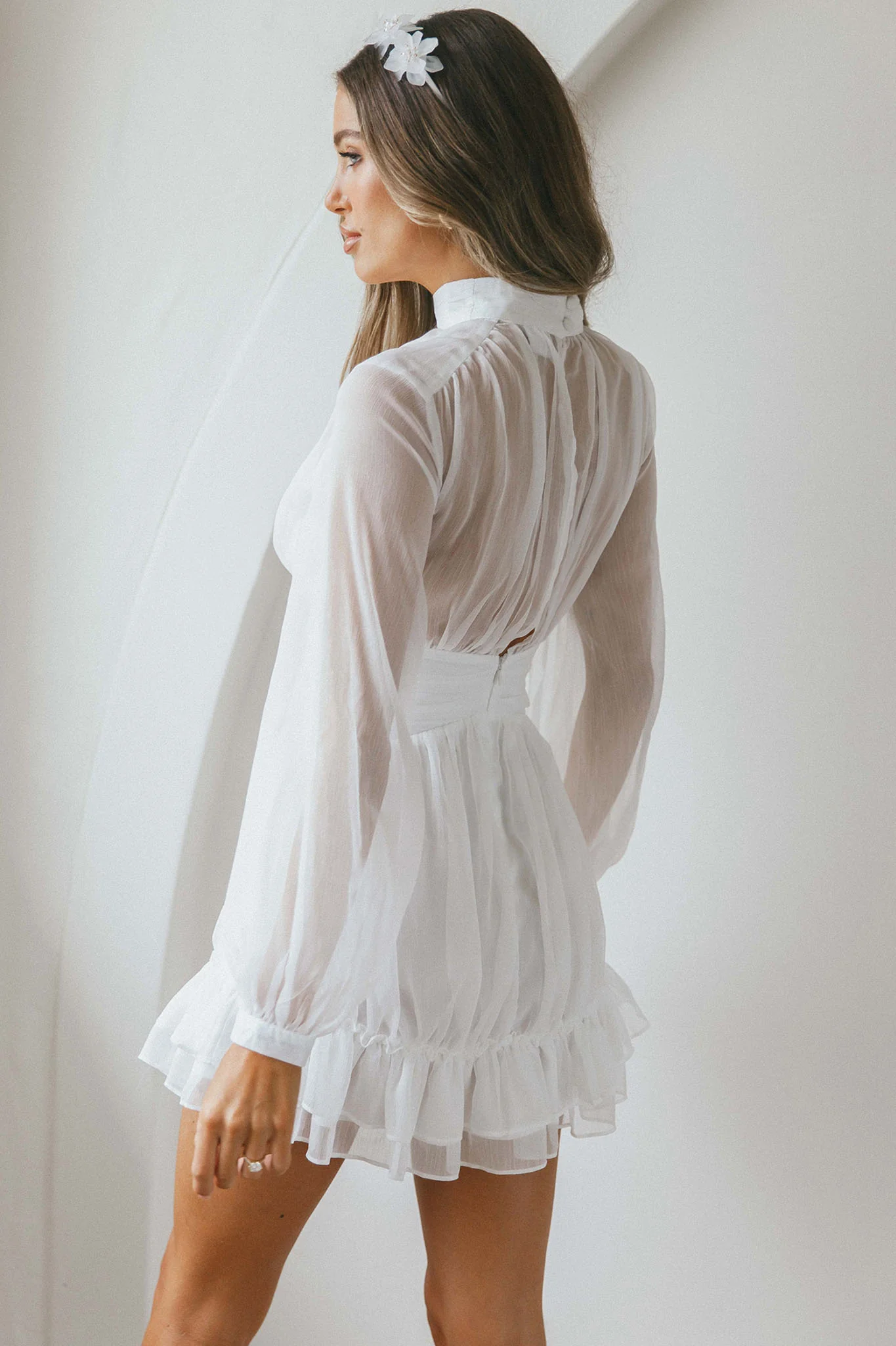 Mandalay High Neck Long Sleeve Waistband Dress White - Image 2