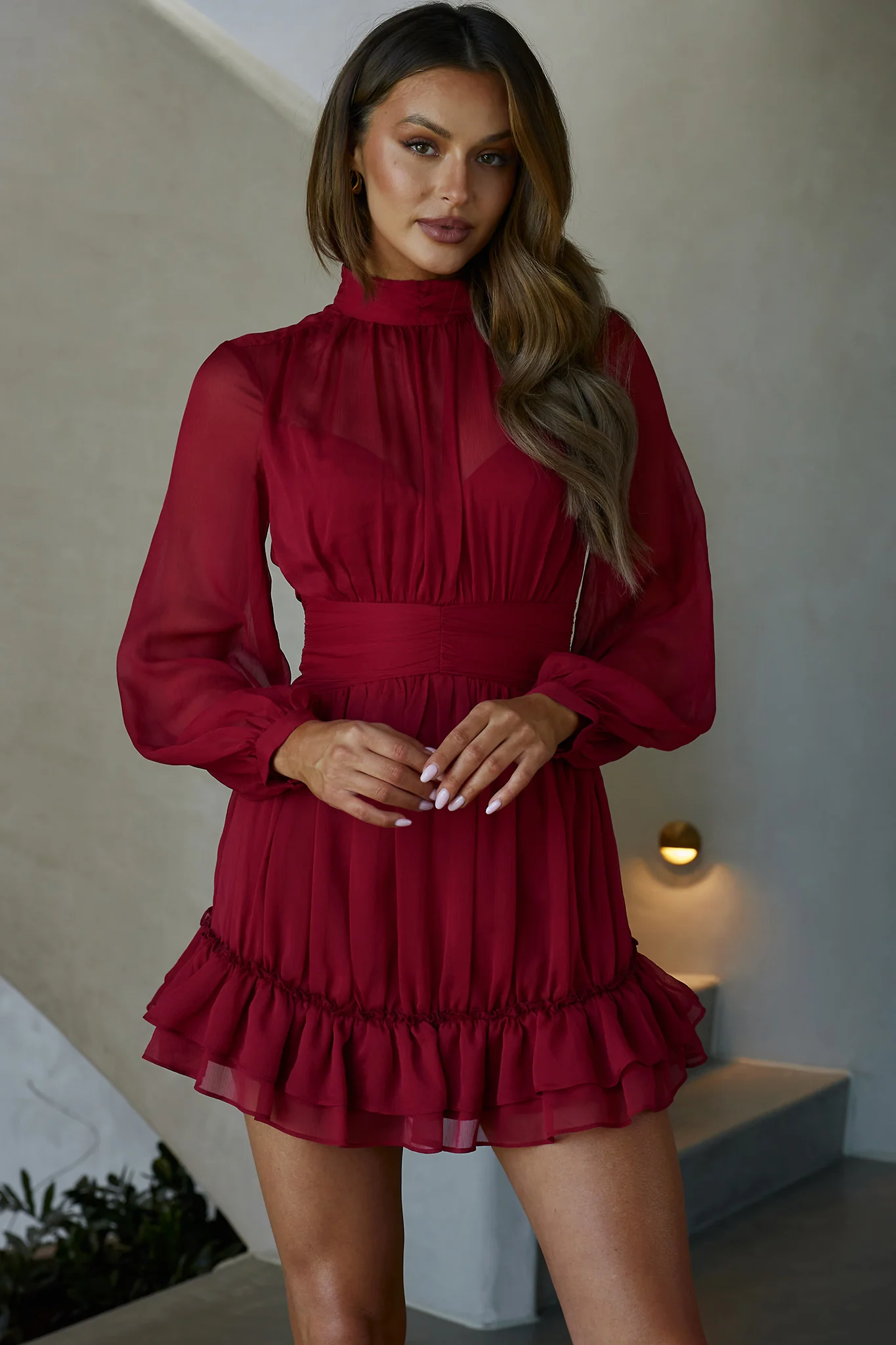Mandalay High Neck Long Sleeve Waistband Dress Wine - Image 2