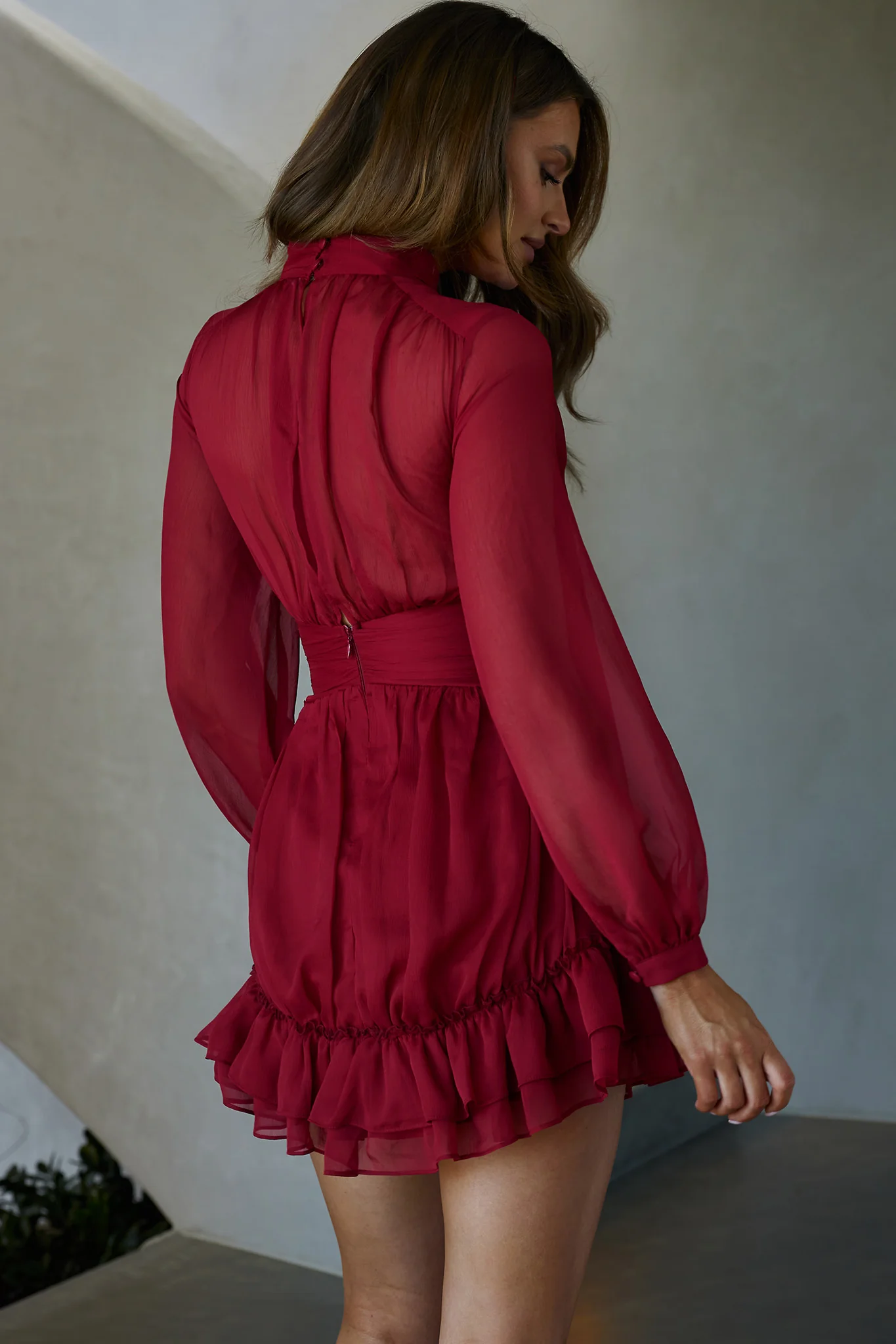 Mandalay High Neck Long Sleeve Waistband Dress Wine - Image 3