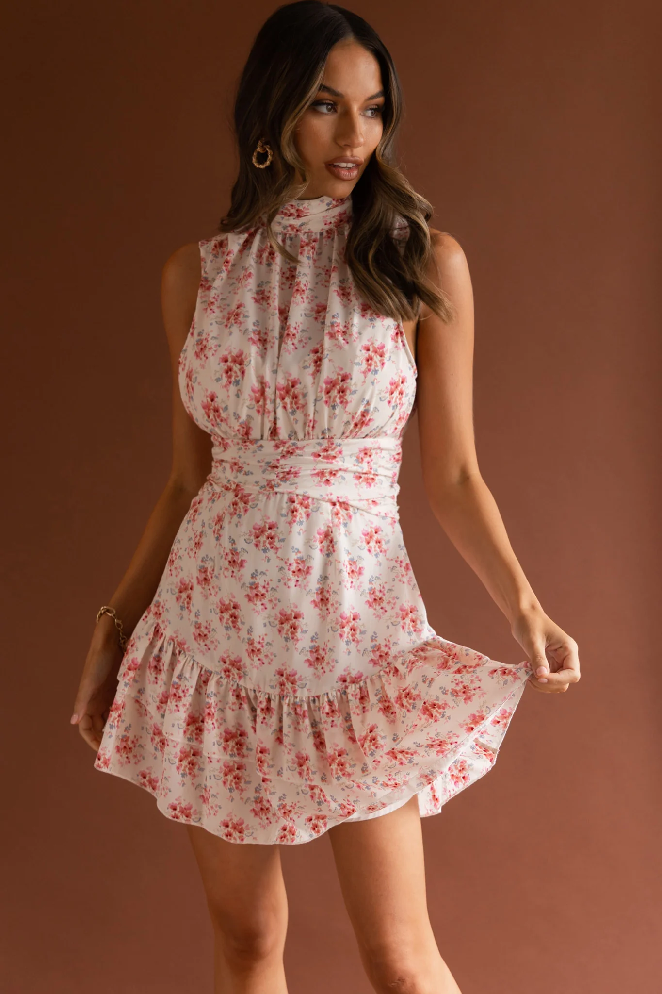 Mandalay High Neck Sleeveless Waistband Dress Vintage Floral Pink - Image 4