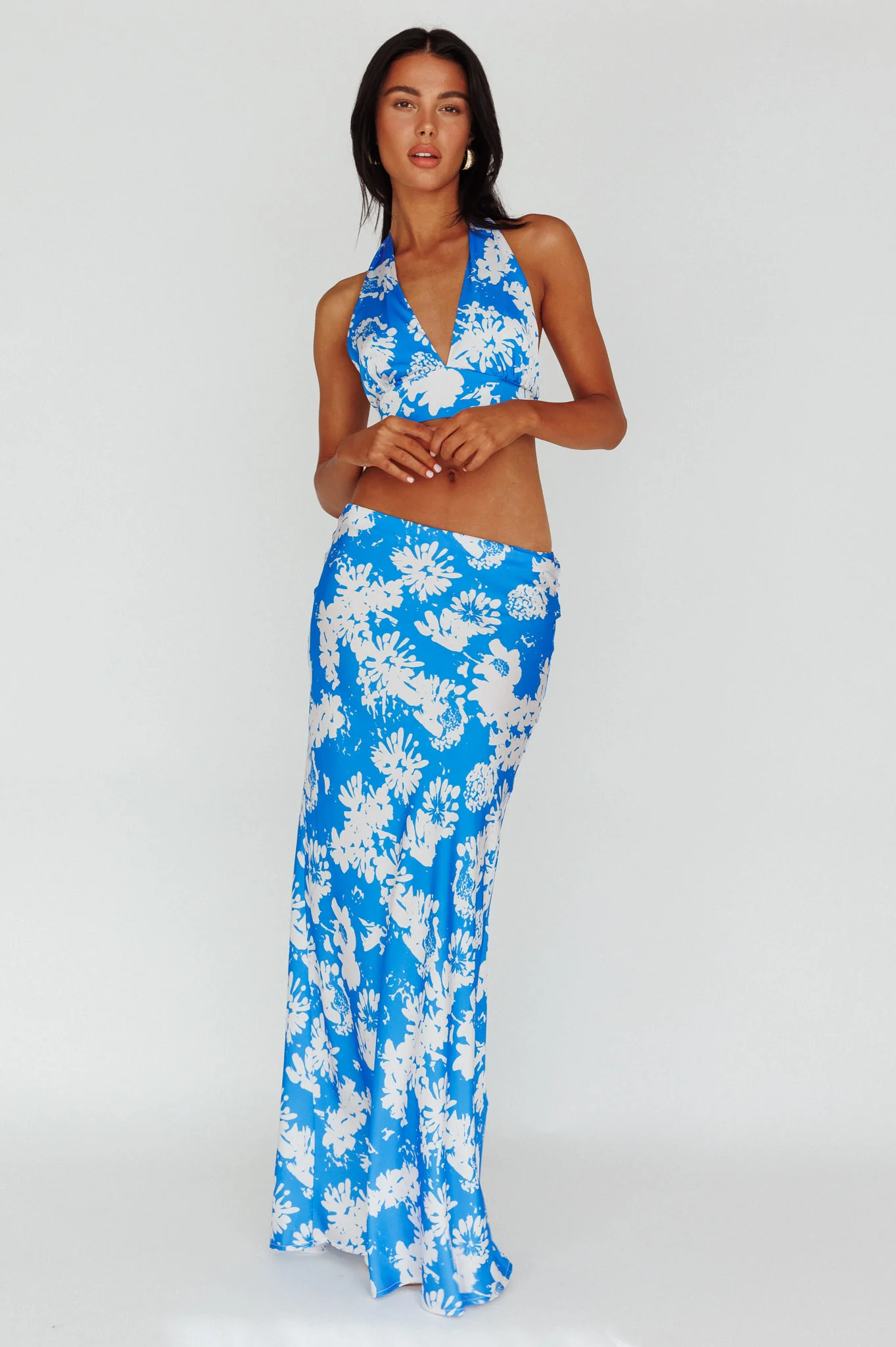 Manila Satin Maxi Skirt Blue Floral - Image 5