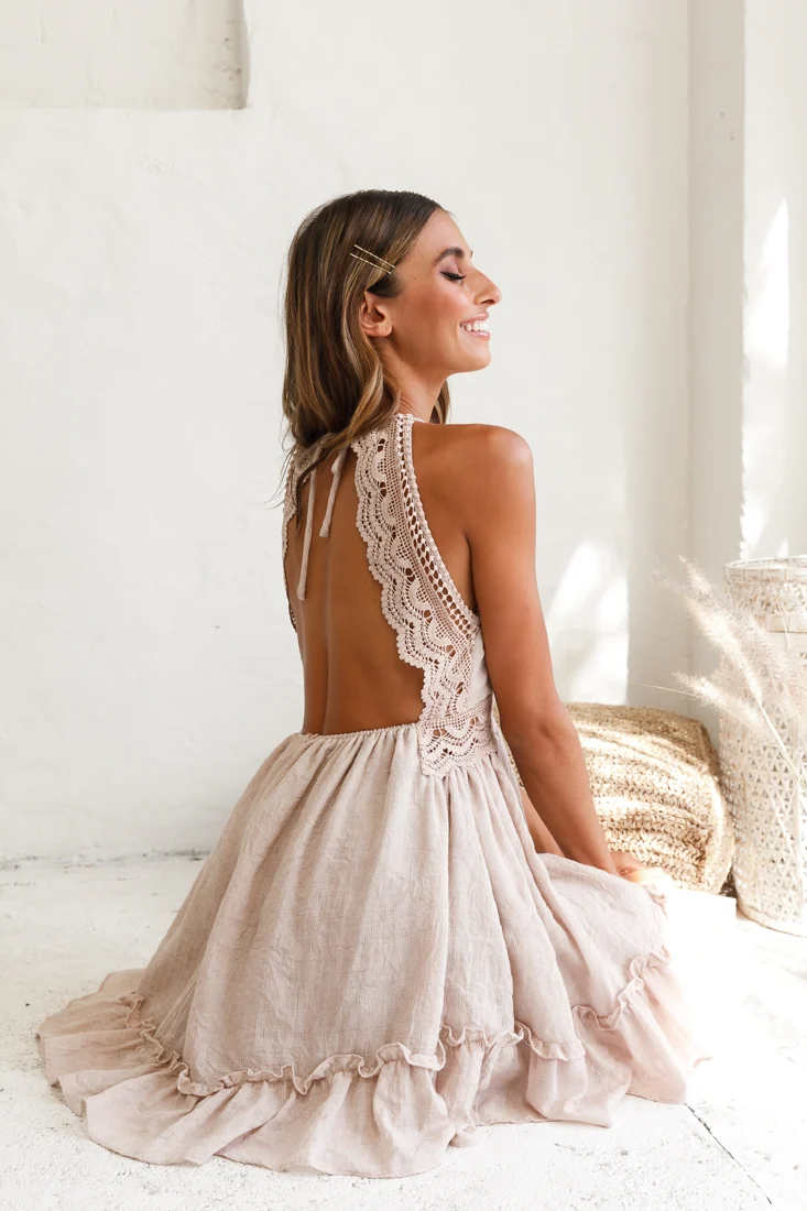 Maple Embroidered Trim Halterneck Dress Beige - Image 9