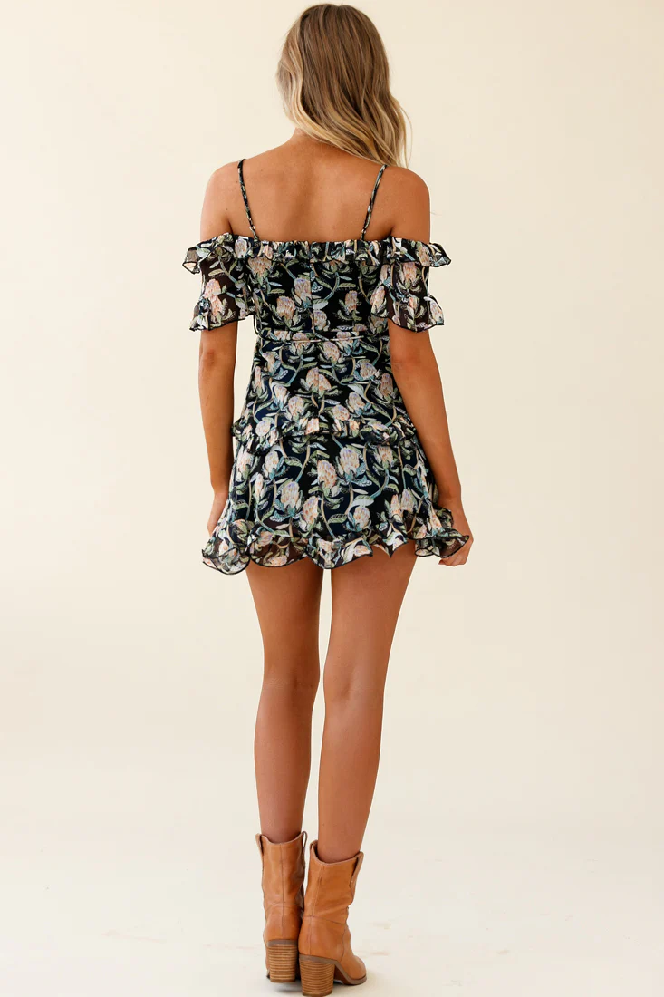 Maranda Bardot Lace-Up Bust Dress Banksia Print Navy - Image 3