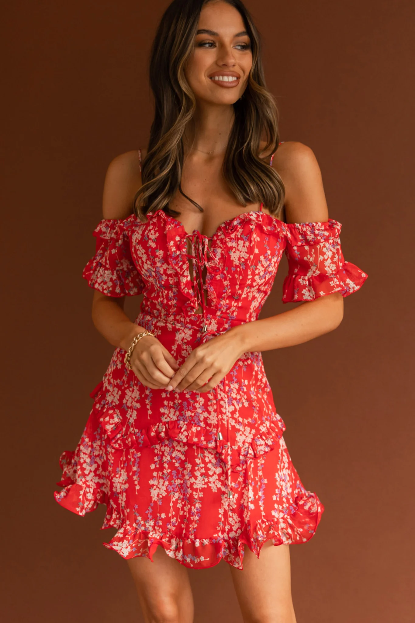 Maranda Bardot Lace-Up Bust Dress Dainty Floral Red - Image 4