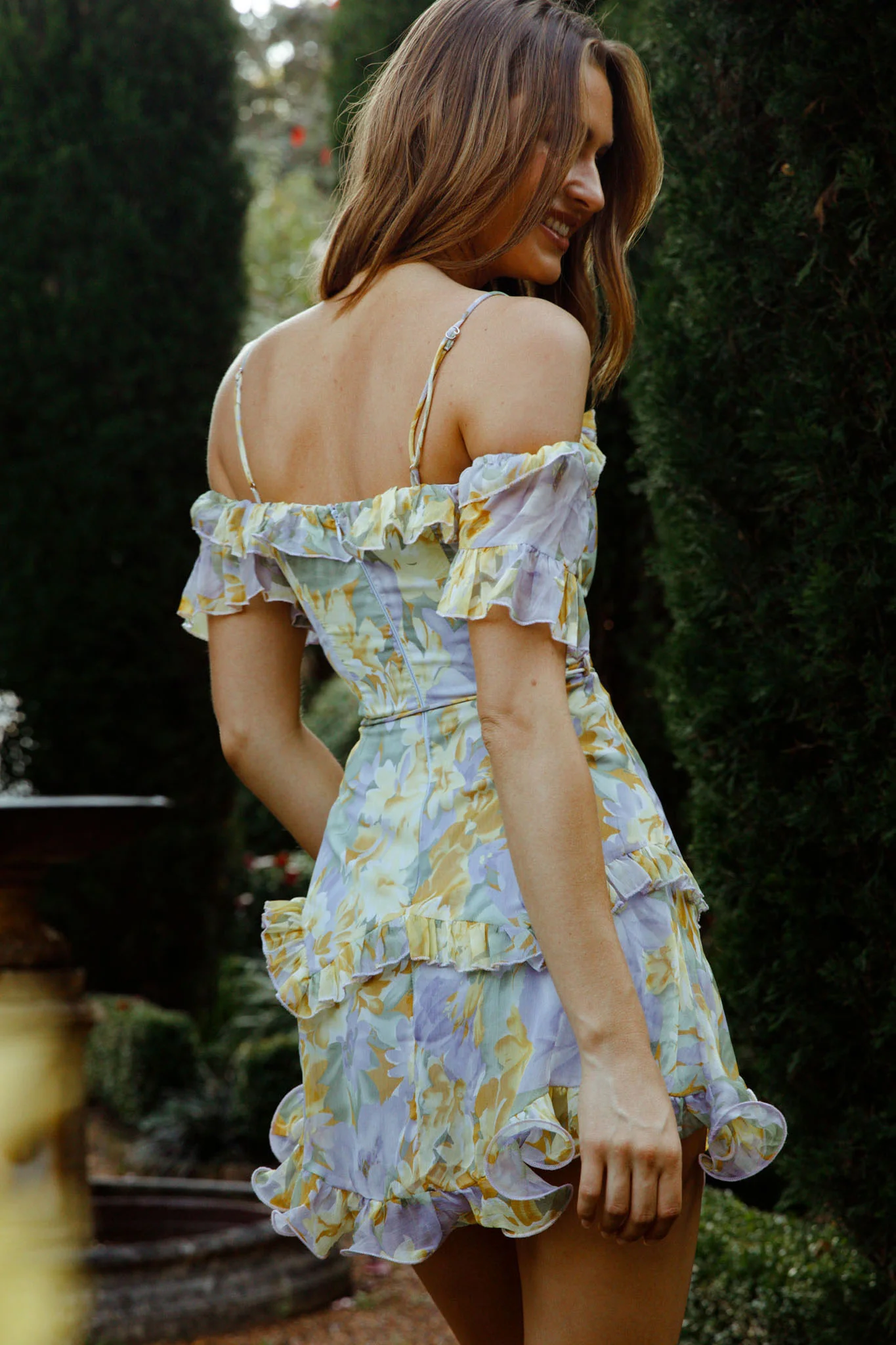 Maranda Bardot Lace-Up Bust Dress Floral Print Yellow - Image 8