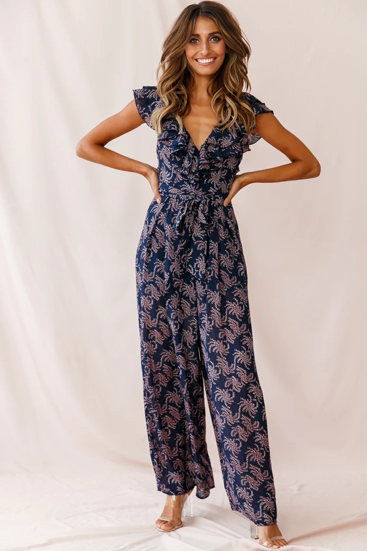 Marcia Ruffle Strap Wide Leg Jumpsuit Floral Print Navy/Pink - Image 2
