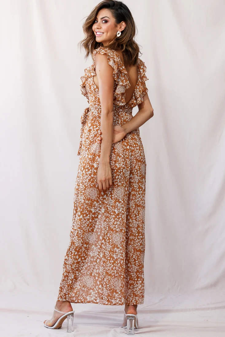 Marcia Ruffle Strap Wide Leg Jumpsuit Tan - Image 3