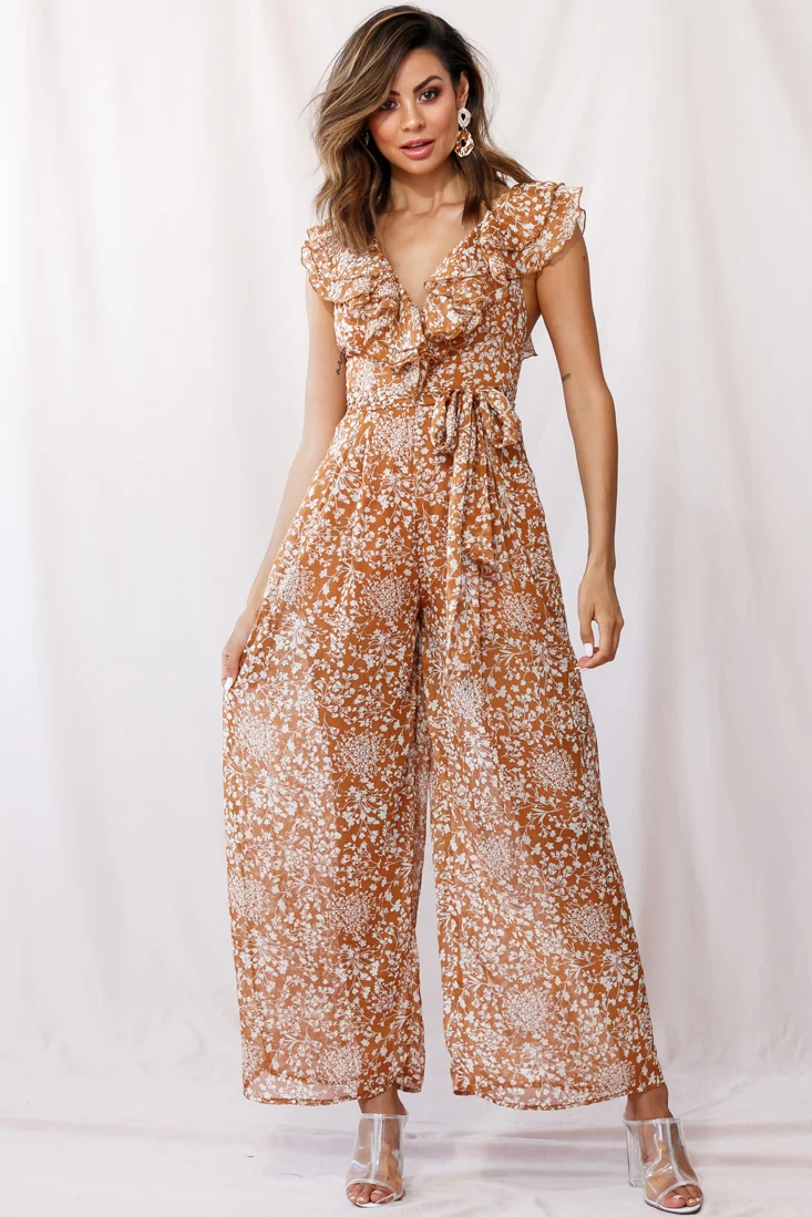 Marcia Ruffle Strap Wide Leg Jumpsuit Tan - Image 5