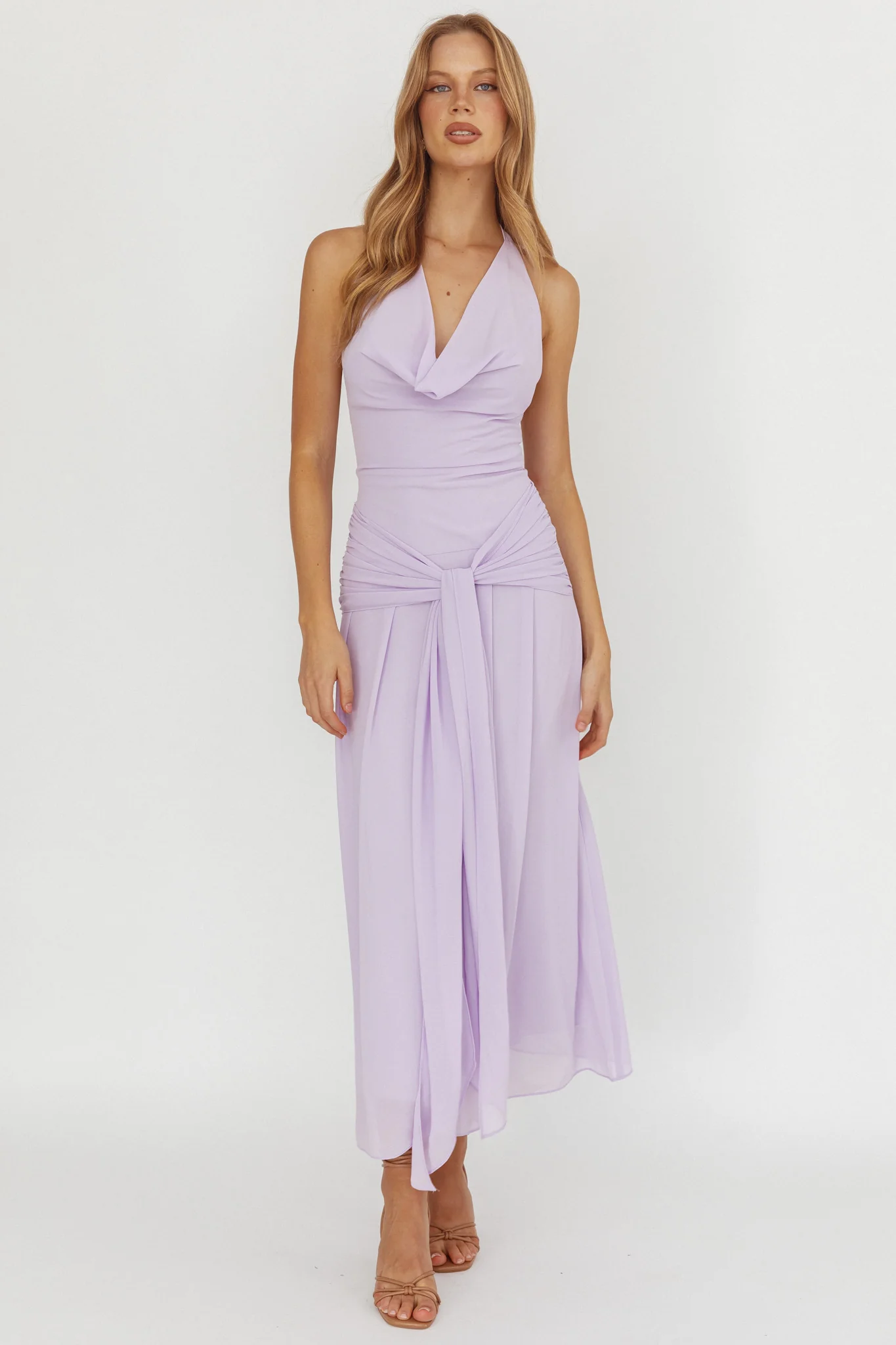 Maretha Cowl Halterneck Maxi Dress Lilac - Image 4