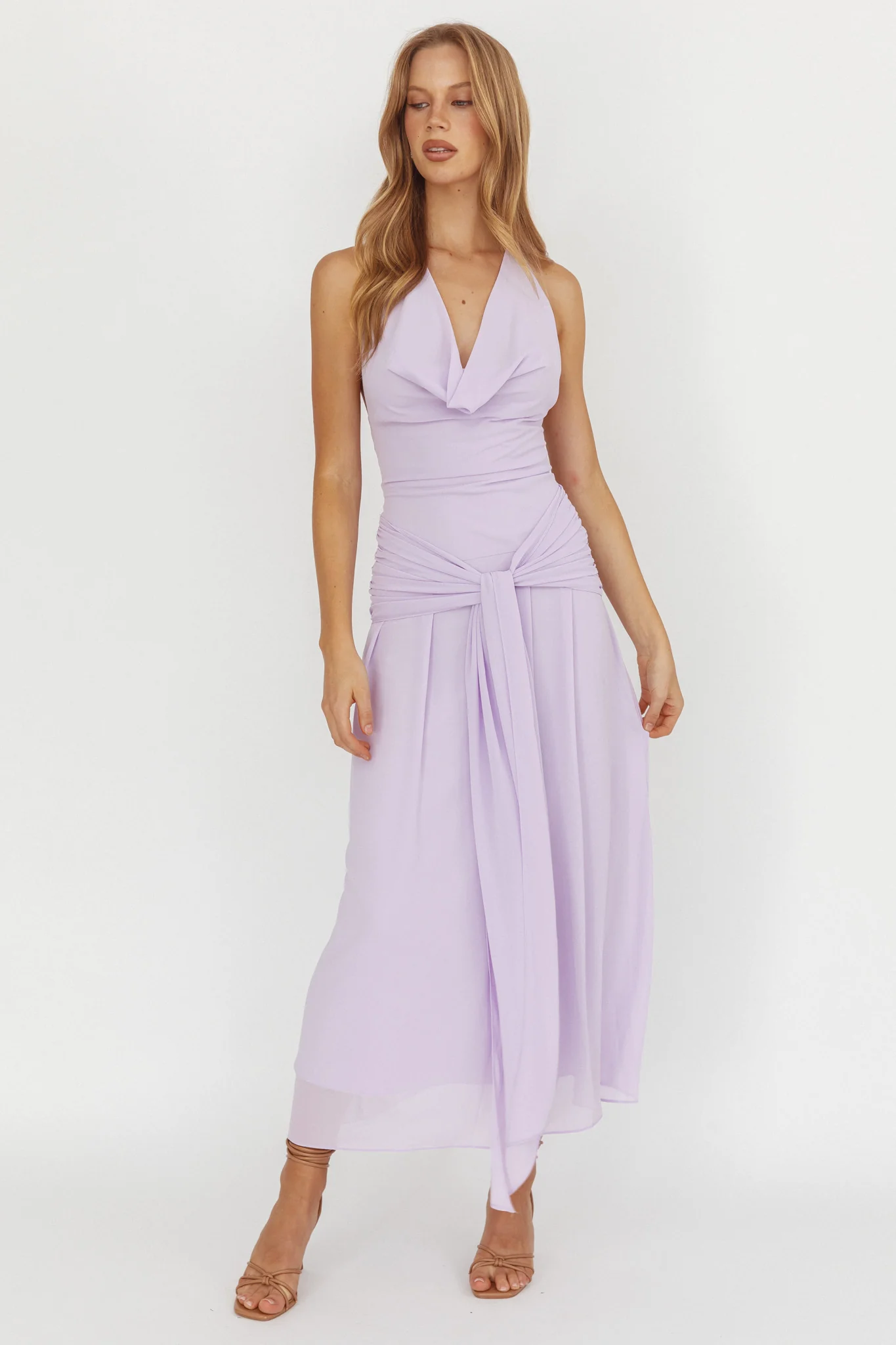 Maretha Cowl Halterneck Maxi Dress Lilac - Image 5