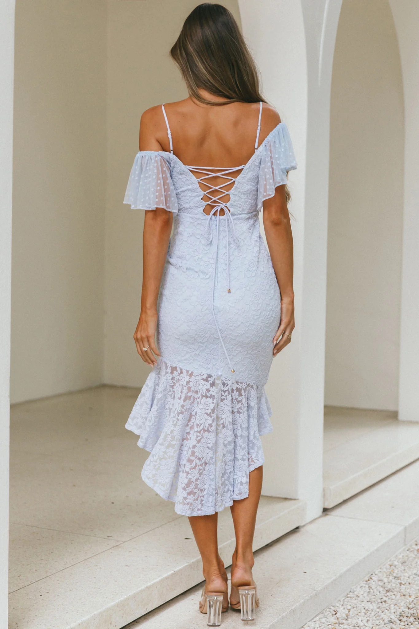 Maribel Hail Spot Sleeve Asymmetrical Hem Lace Midi Dress Baby Blue - Image 7