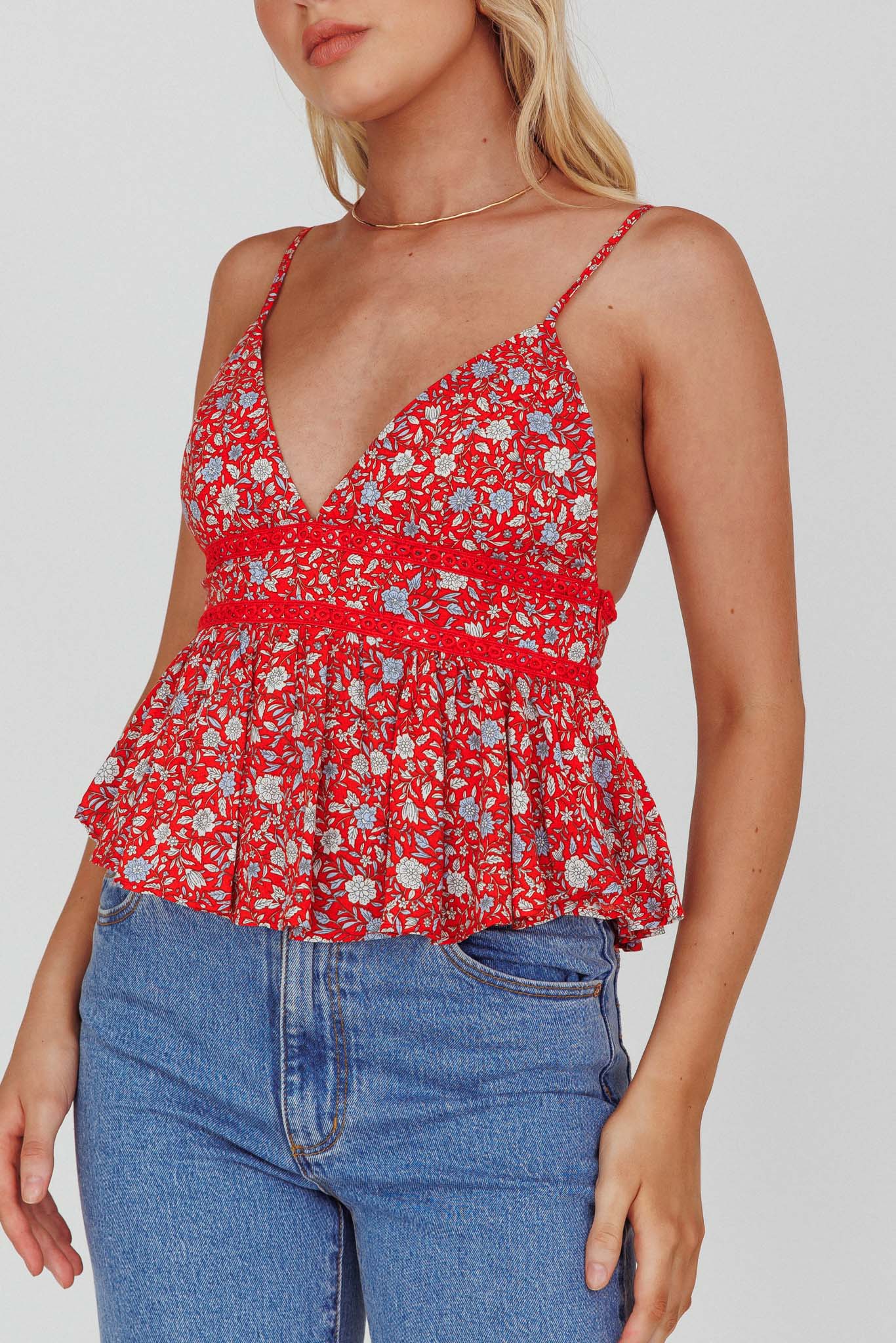 Marigold Crochet Trim Top Floral Red - Image 4