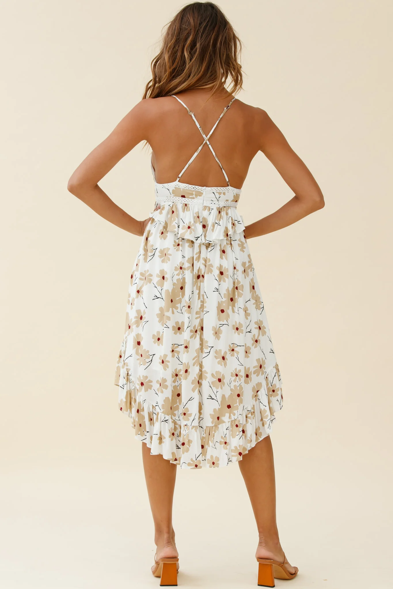 Marigold Peplum Midi Ruffle Dress Floral Print White - Image 3