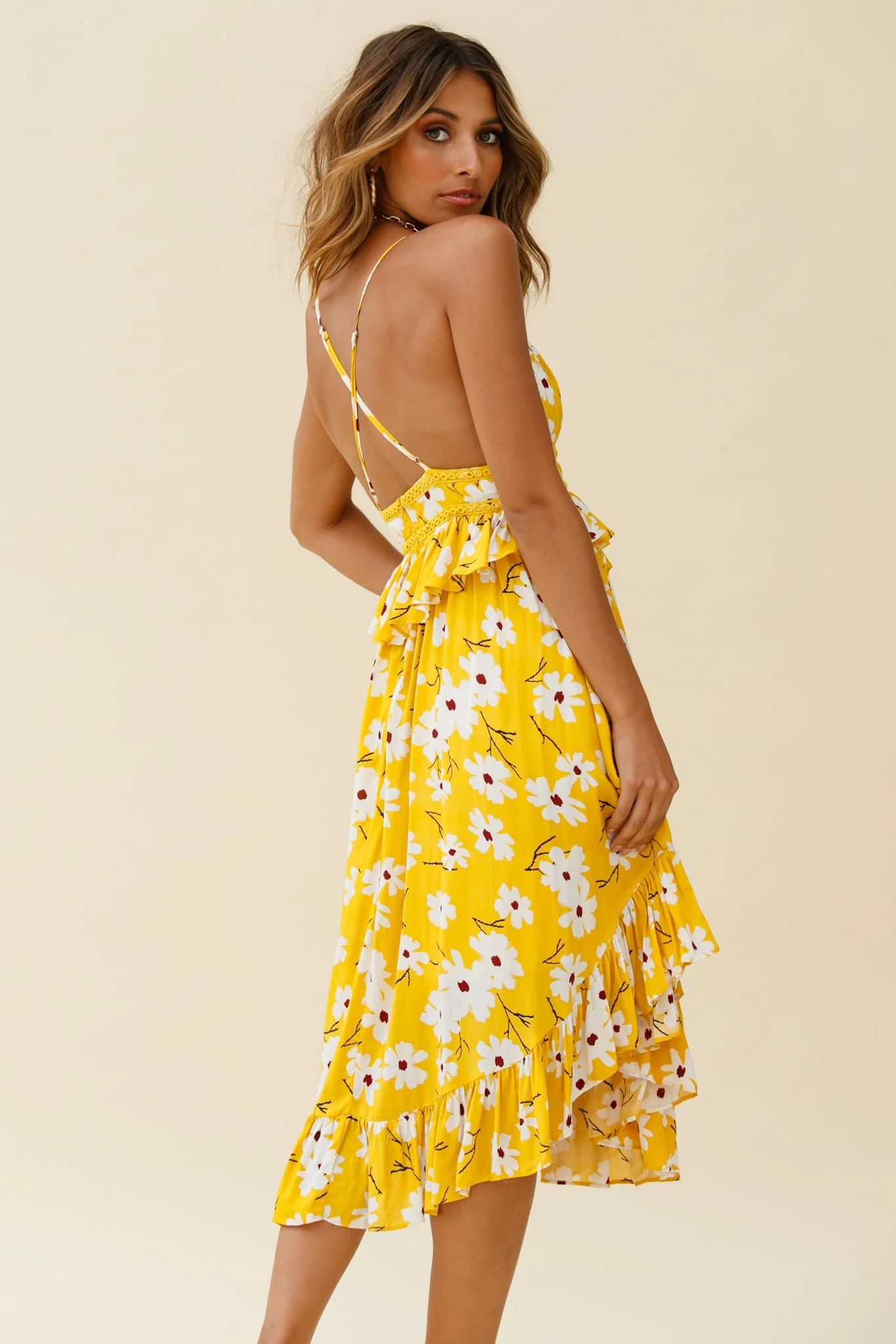 Marigold Peplum Midi Ruffle Dress Floral Print Yellow - Image 3