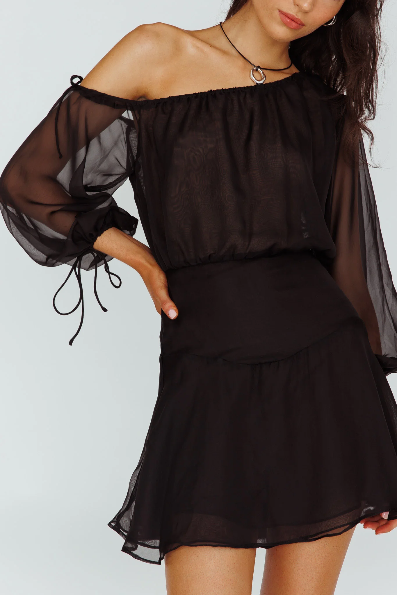 Mariona Off Shoulder Long Sleeve Mini Dress Black - Image 4