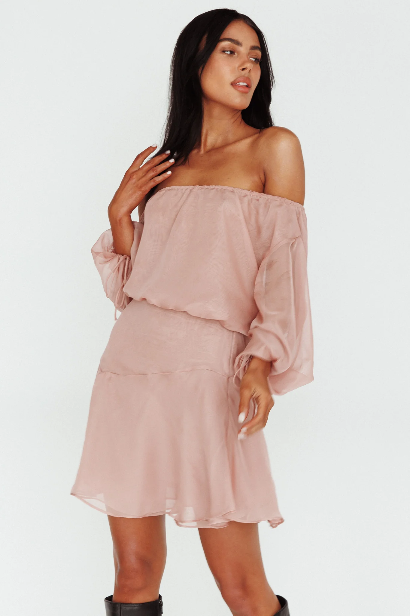 Mariona Off Shoulder Long Sleeve Mini Dress Blush - Image 5