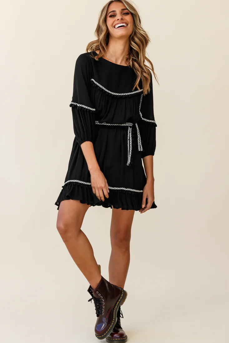 Marionette Three-Quarter Sleeve Pom-Pom Dress Black - Image 2