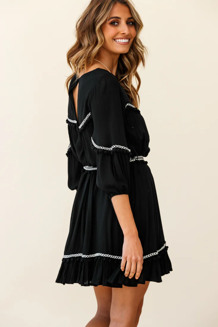 Marionette Three-Quarter Sleeve Pom-Pom Dress Black - Image 3