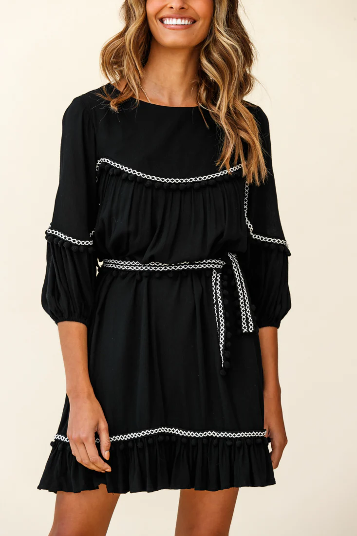 Marionette Three-Quarter Sleeve Pom-Pom Dress Black - Image 4