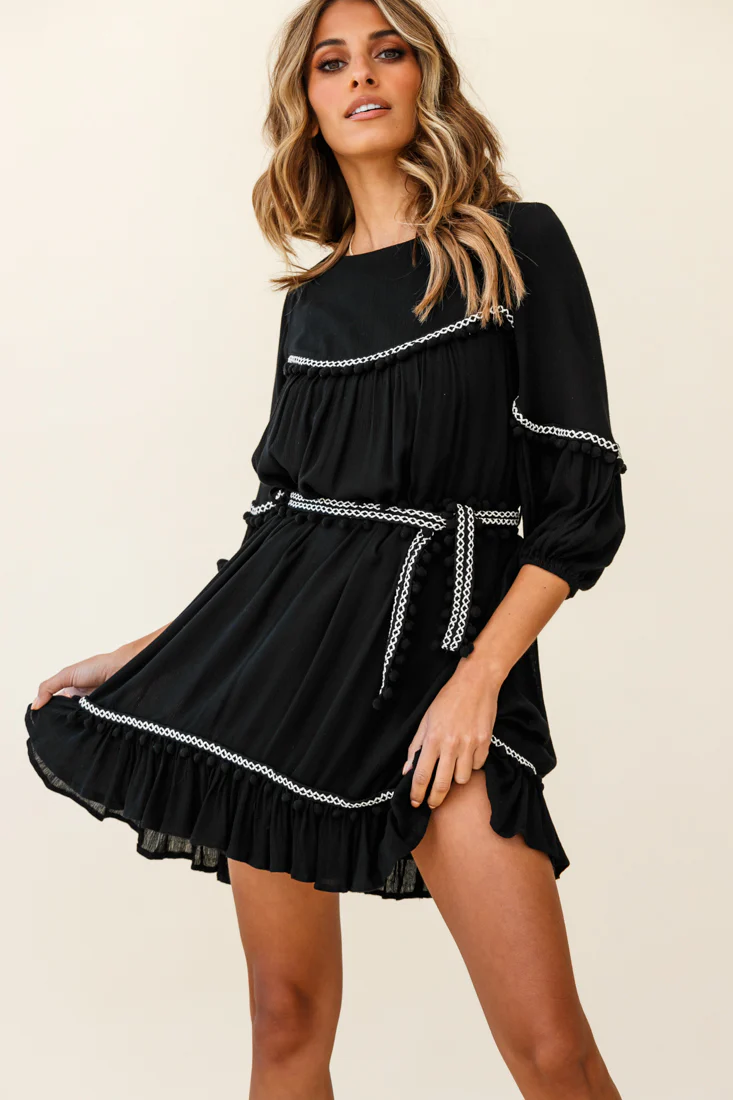 Marionette Three-Quarter Sleeve Pom-Pom Dress Black - Image 5