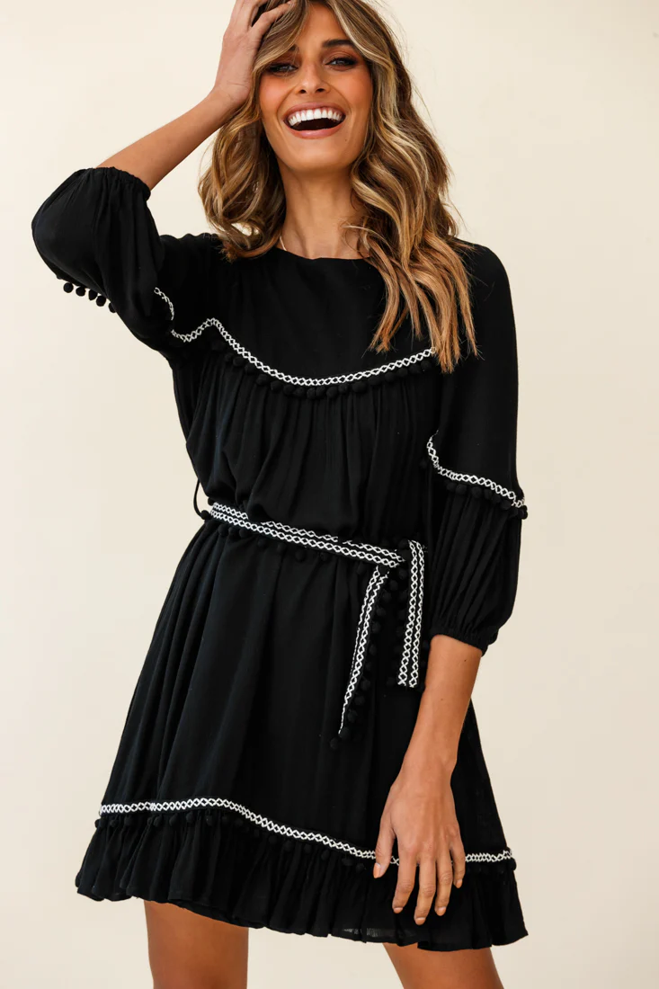 Marionette Three-Quarter Sleeve Pom-Pom Dress Black - Image 6