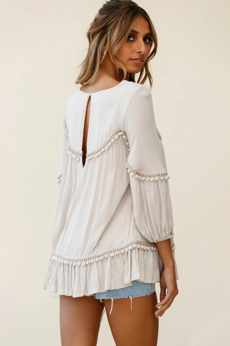 Marionette Three-Quarter Sleeve Pom-Pom Top Beige - Image 2