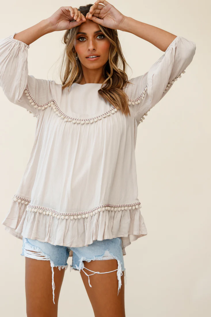 Marionette Three-Quarter Sleeve Pom-Pom Top Beige - Image 4
