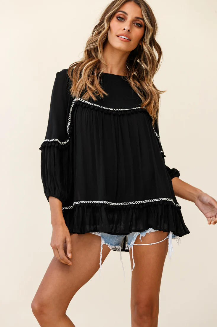 Marionette Three-Quarter Sleeve Pom-Pom Top Black - Image 3