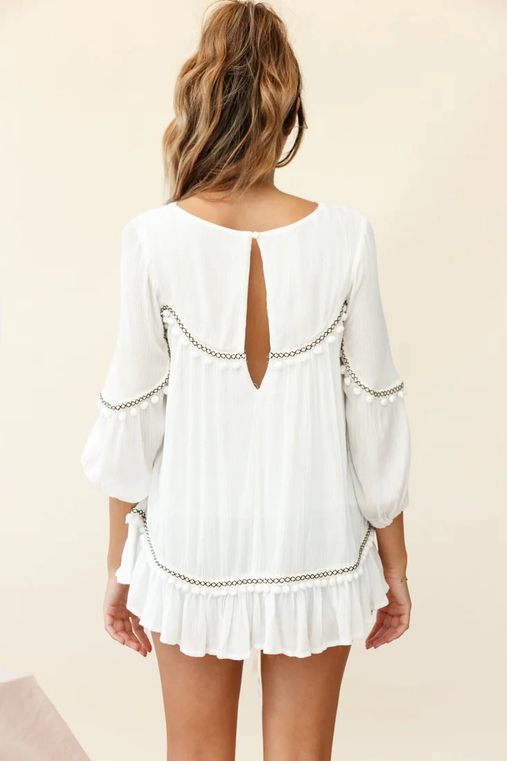 Marionette Three-Quarter Sleeve Pom-Pom Top White - Image 4