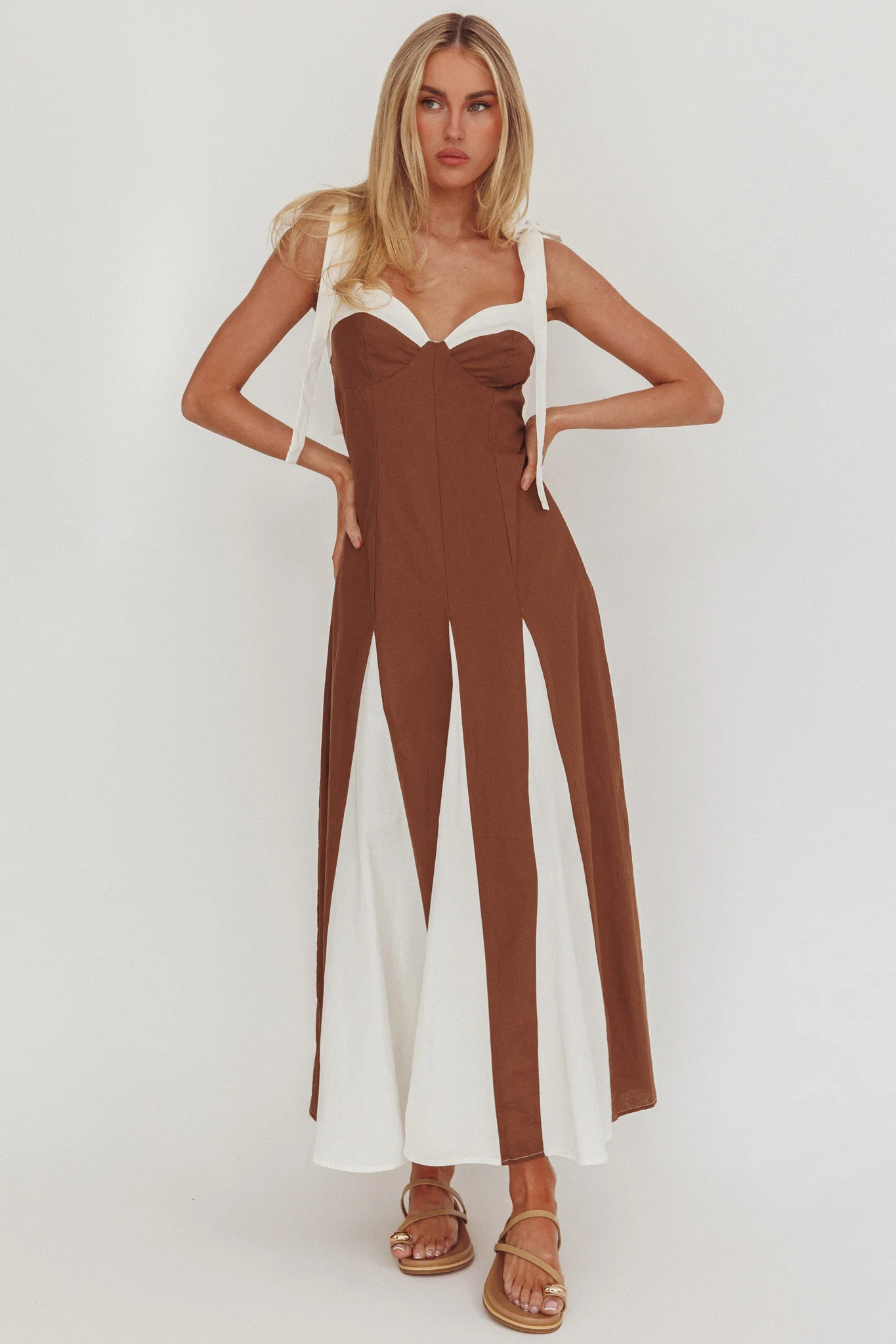 Marisa Tied Shoulder Godet Hem Maxi Dress Contrast Chocolate - Image 4