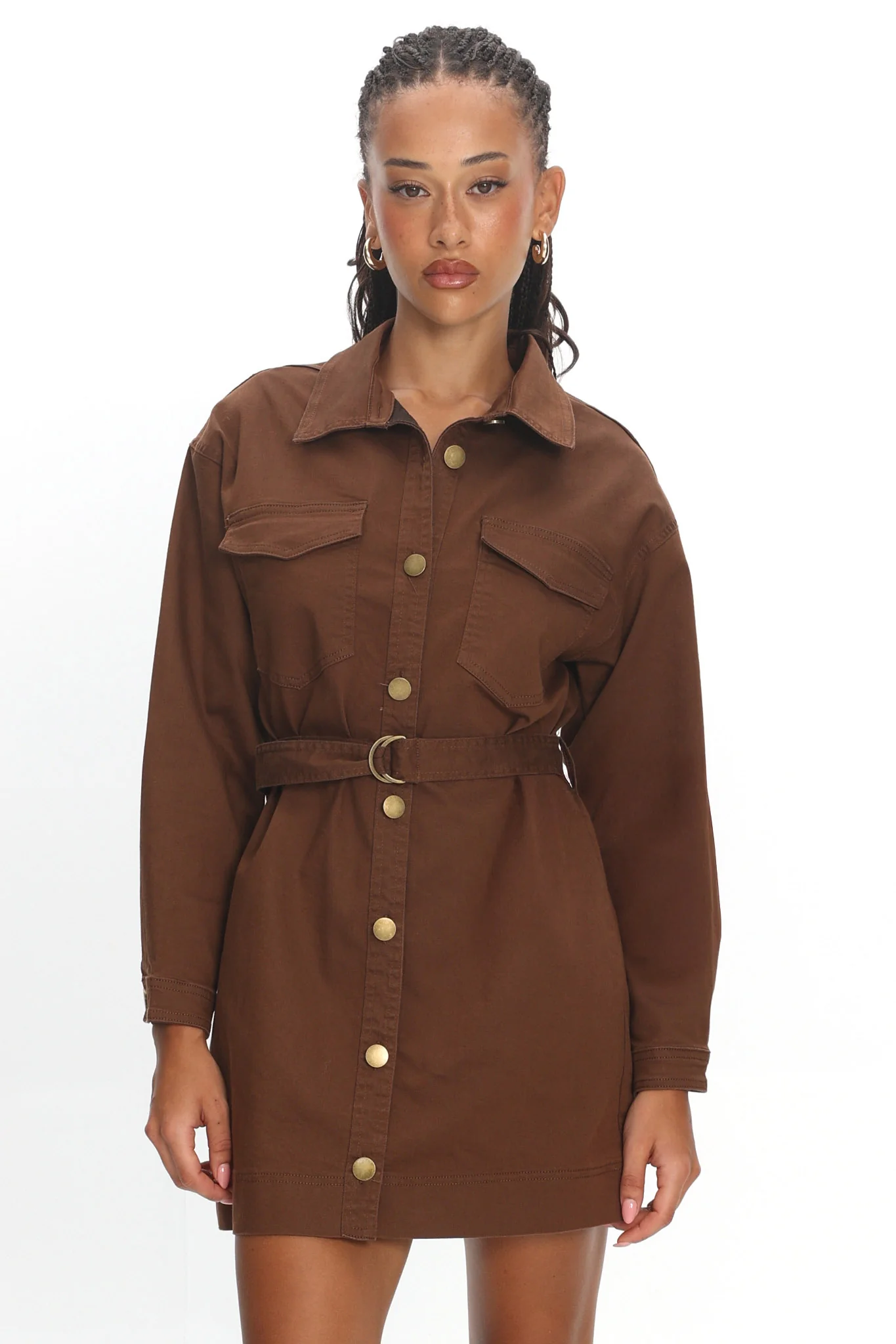 Mariska Collared Long Sleeve Mini Dress Chocolate - Image 5