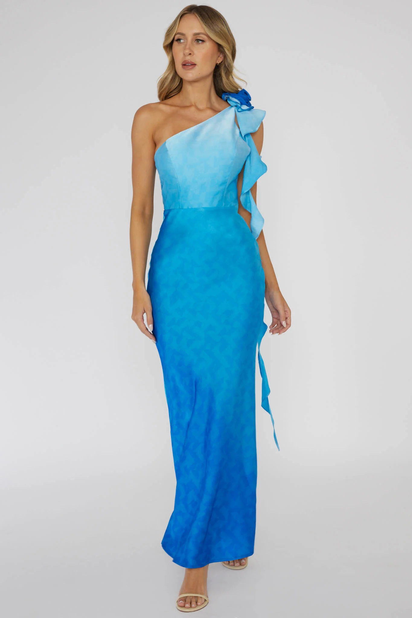 Mariyan One Shoulder Rose Maxi Dress Blue - Image 3