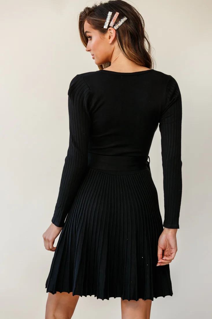 Marlena Long Sleeve Pleated Skirt Knit Dress Black - Image 3