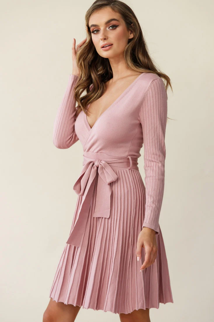 Marlena Long Sleeve Pleated Skirt Knit Dress Blush - Image 2