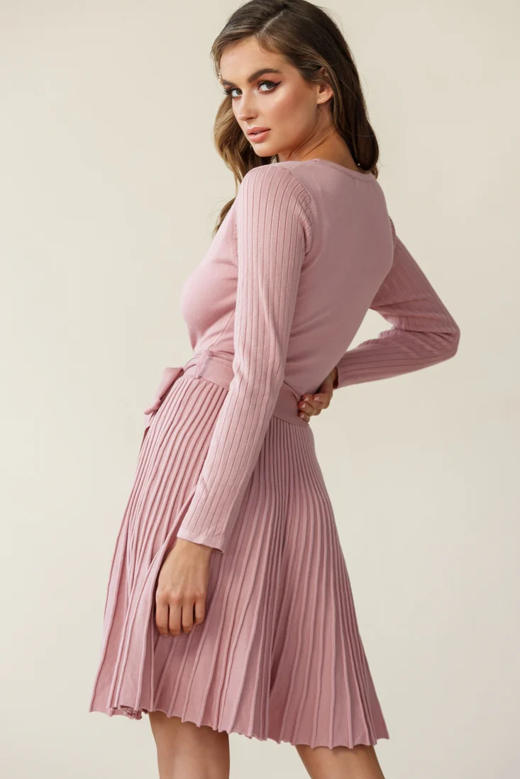 Marlena Long Sleeve Pleated Skirt Knit Dress Blush - Image 5
