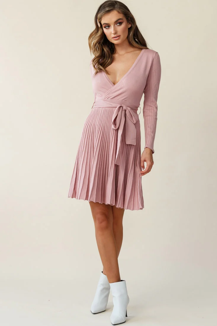 Marlena Long Sleeve Pleated Skirt Knit Dress Blush - Image 6