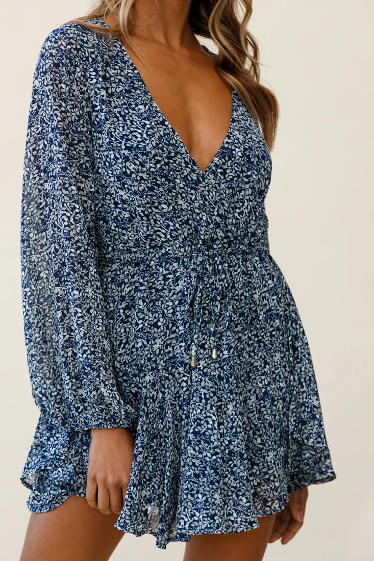 Marlene Long Sleeve Drawstring Waist Dress Floral Print Navy - Image 6