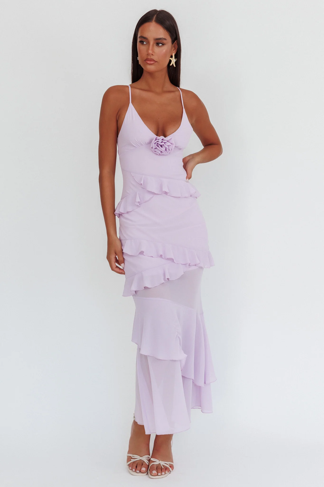 Marlie Frill Trim Rosette Maxi Dress Lilac - Image 5