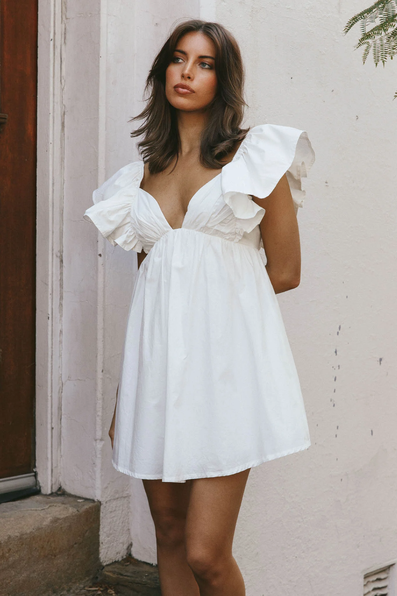 Marlina Ruffle Sleeve Babydoll Mini Dress White - Image 5