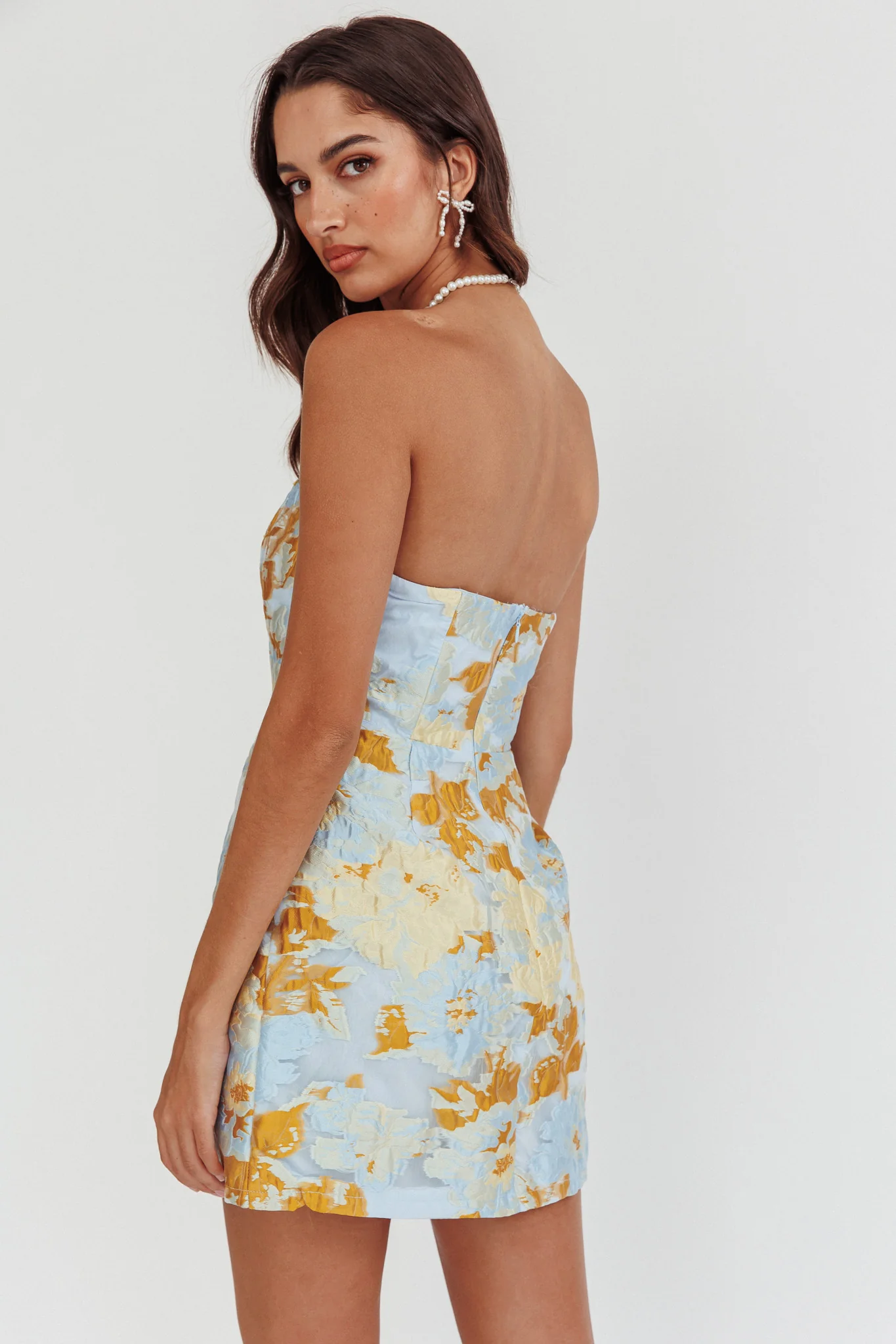 Marlina Strapless Jacquard Mini Dress Blue - Image 3