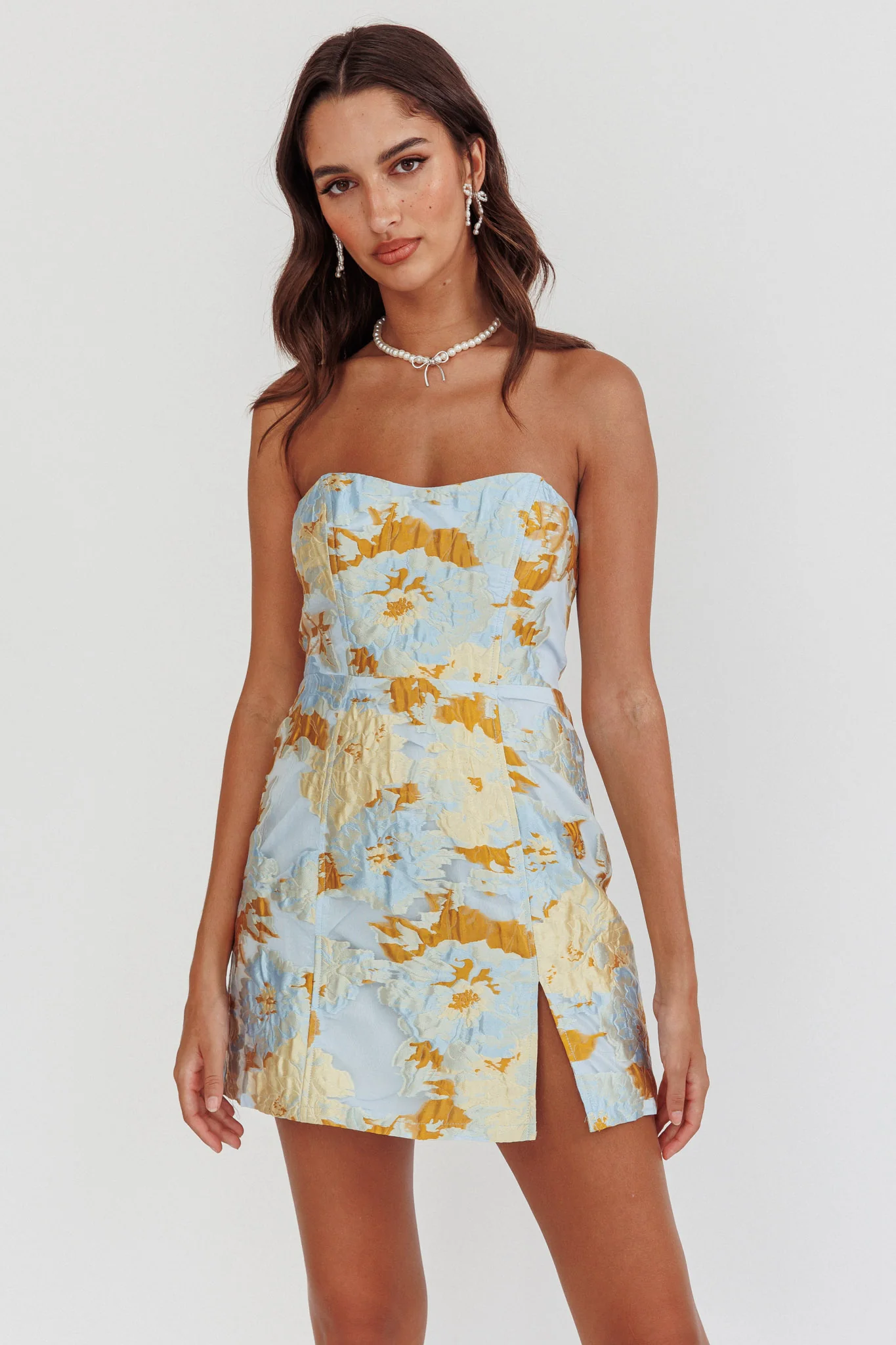 Marlina Strapless Jacquard Mini Dress Blue - Image 6