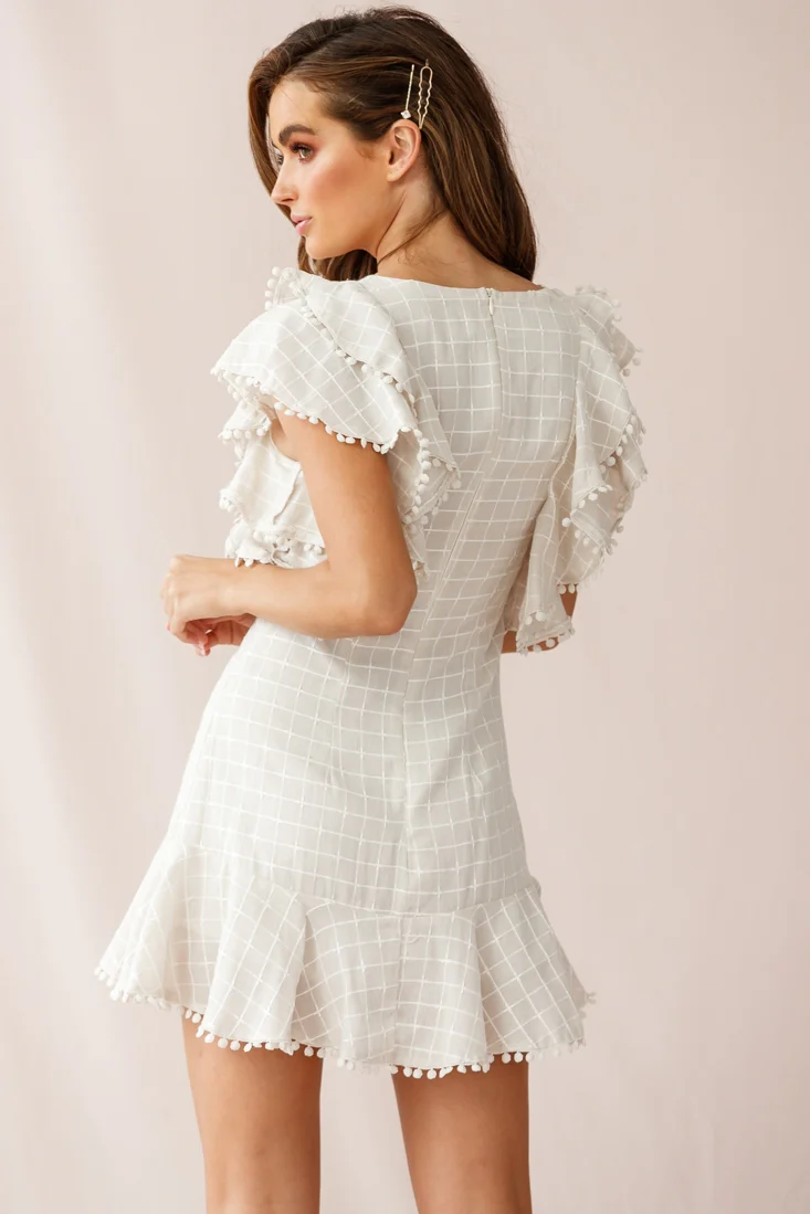 Marlow Double Ruffle Shoulder Dress Square Pattern Beige - Image 4