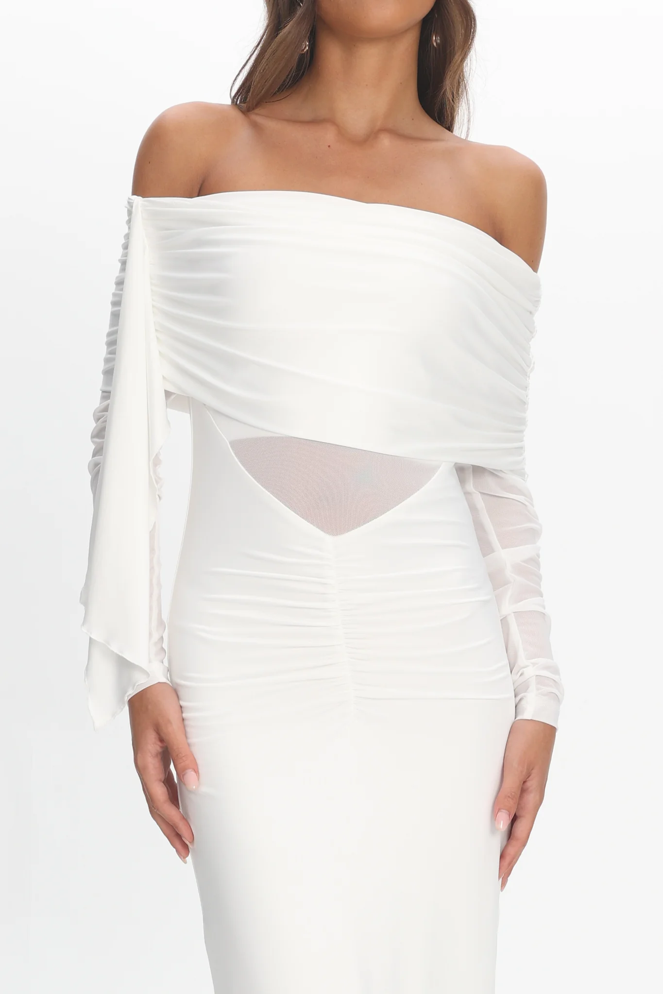 Marlowe Off-Shoulder Sheer Waist Maxi Dress Off White - Image 2