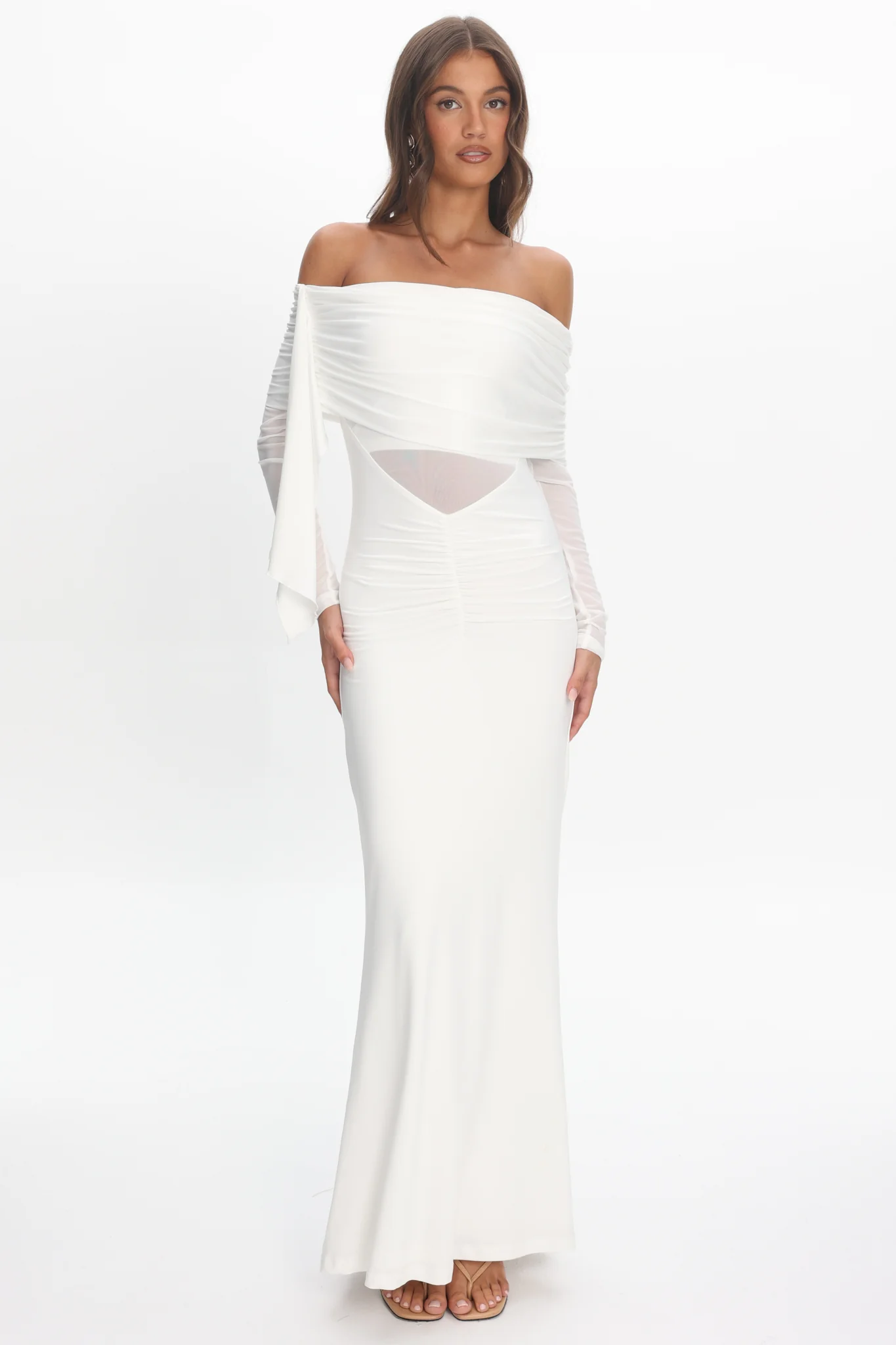 Marlowe Off-Shoulder Sheer Waist Maxi Dress Off White - Image 3