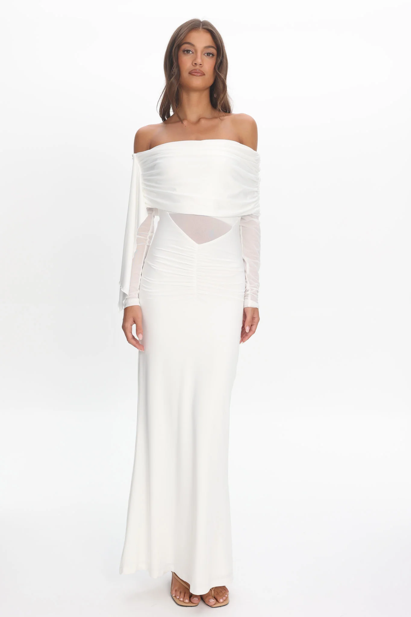 Marlowe Off-Shoulder Sheer Waist Maxi Dress Off White - Image 4