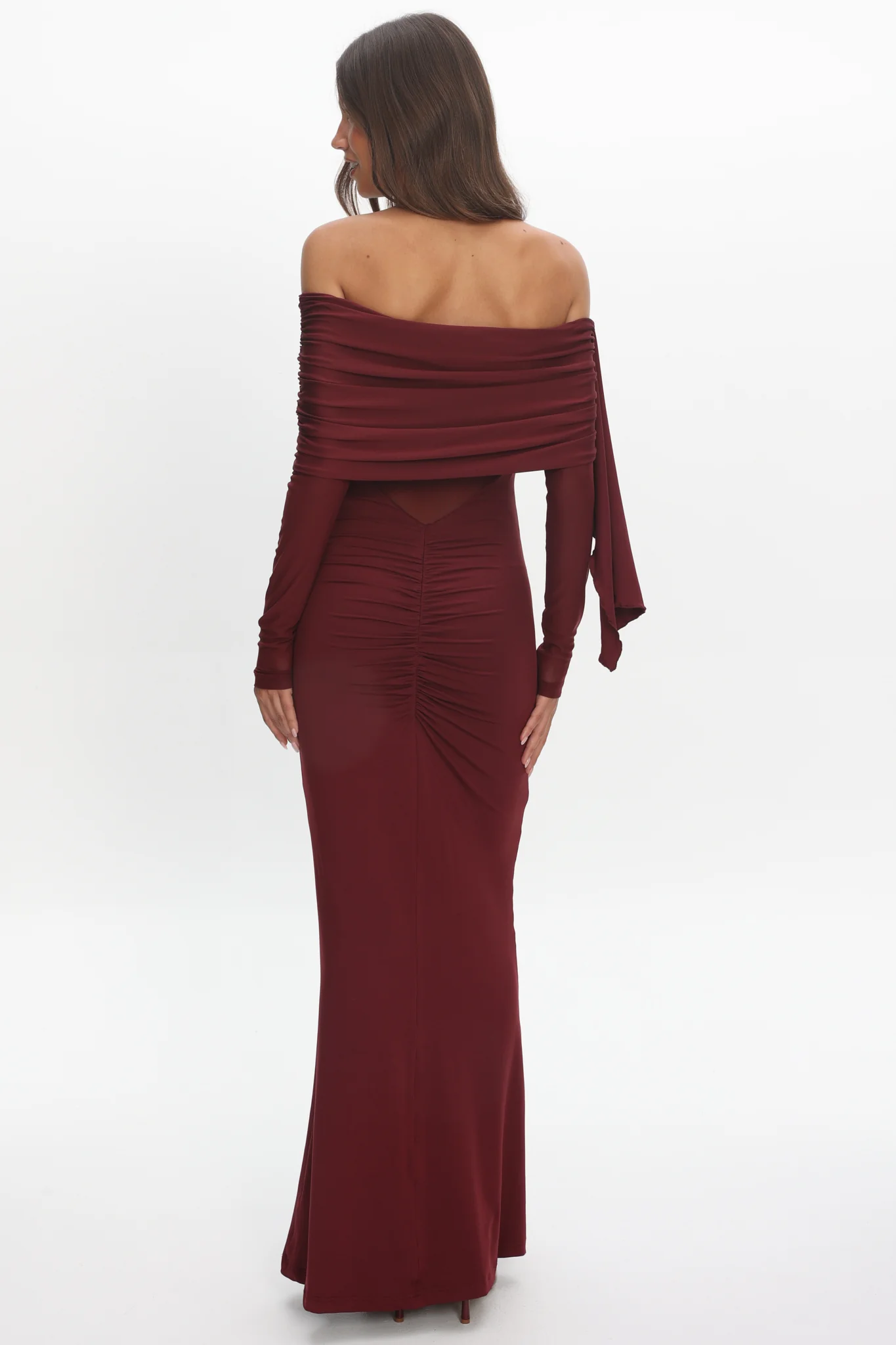 Marlowe Off-Shoulder Sheer Waist Maxi Dress Wine - Image 2