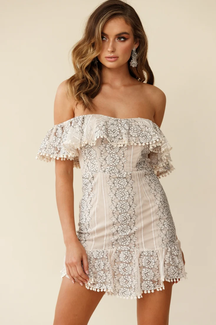 Marmont Off Shoulder Floral Lace Detail Dress Nude - Image 5