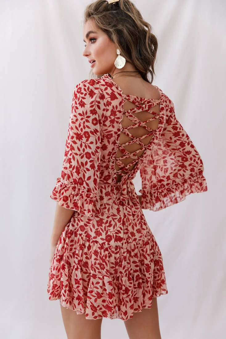 Maryanne Lace-Up Back Tea Dress Red - Image 3