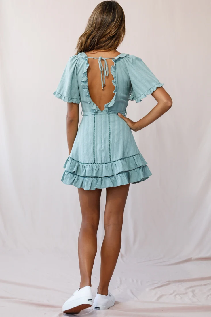 Marybelle Angel Sleeve A-Line Ruffle Dress Sage - Image 3