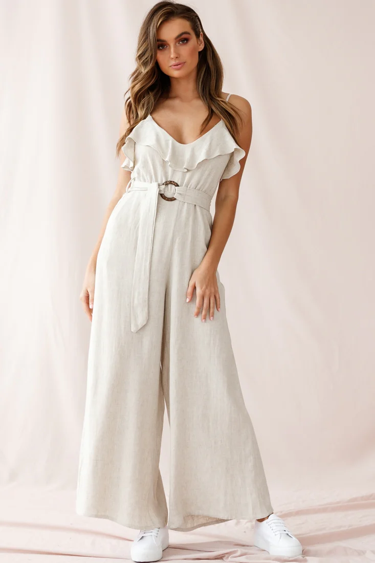 Mason Ruffle Neckline Wooden Buckle Belt Jumpsuit Natural - Image 5